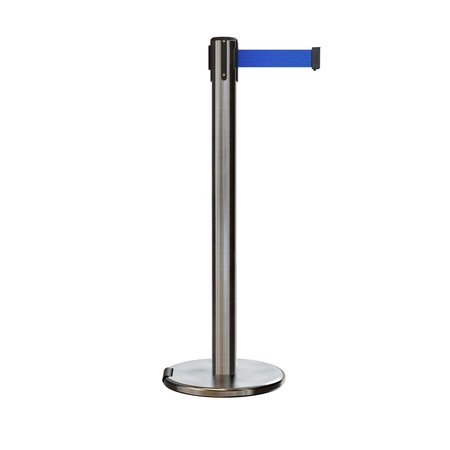 MONTOUR LINE Retractable Belt Stanchion Roller Base, 3ft Sat.Steel Post  14ft. Blue ME650-SS-BL-140